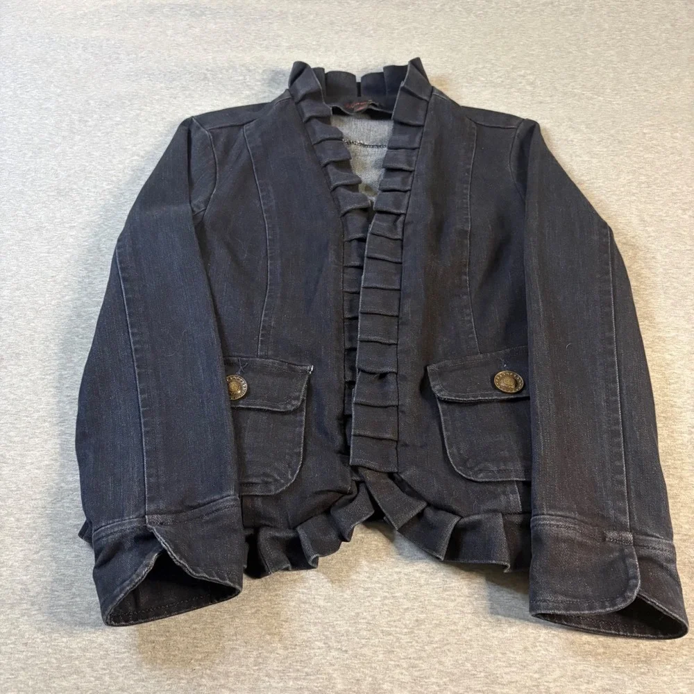 JW Style Women Dark Wash Ruffle Trim Denim Jacket Hook Eye Closure Black Blue M
